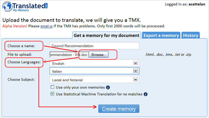 Get a translation memory from a source document